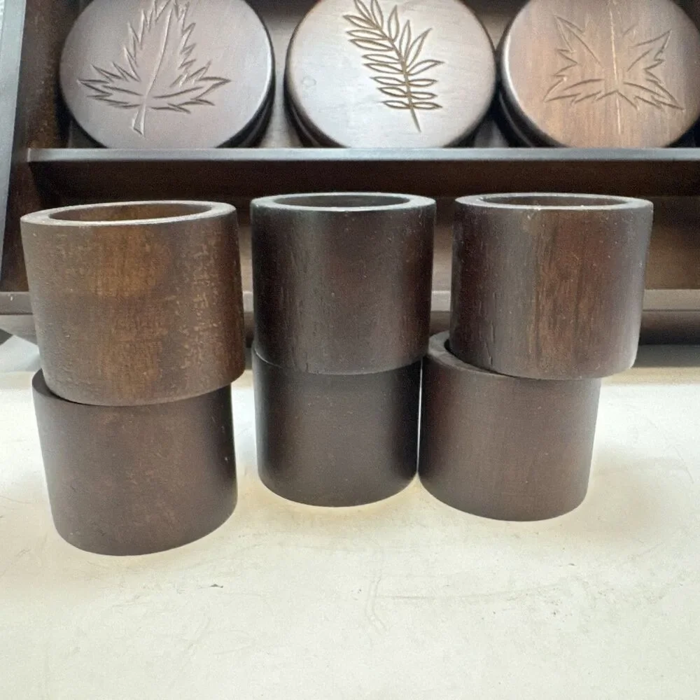 Carved Wooden leaf coasters and Napkin Rings Set of 6 each with display